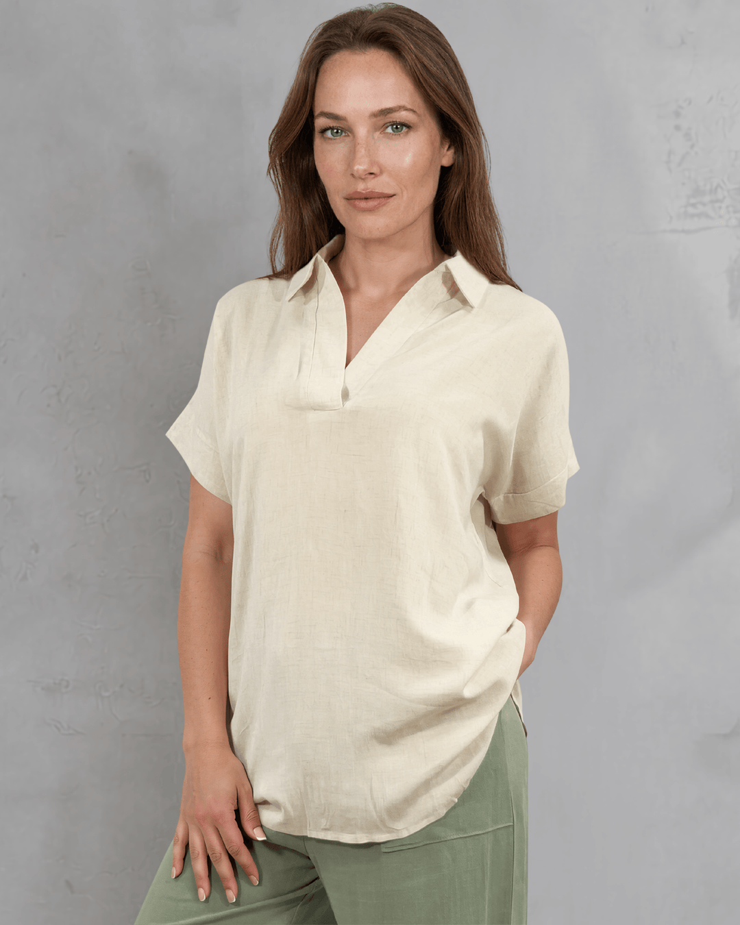 Effortlessly chic linen blend collared top in Natural. Relaxed oversized fit, V-neck, short sleeves. Made in USA. Perfect for summer & resort wear.