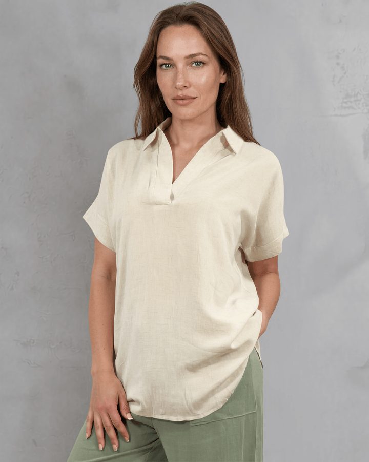 Effortlessly chic linen blend collared top in Natural. Relaxed oversized fit, V-neck, short sleeves. Made in USA. Perfect for summer &amp; resort wear.