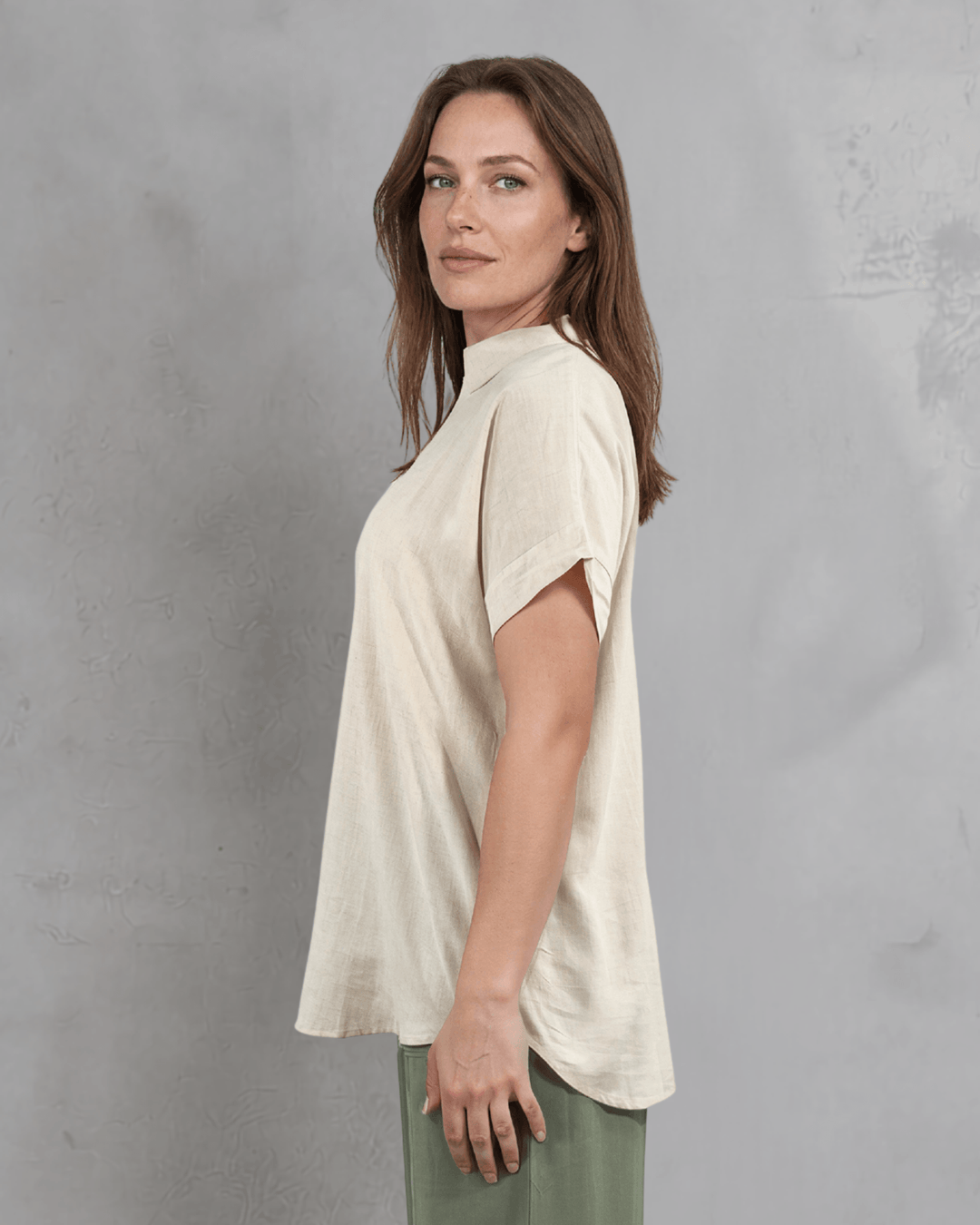 Effortlessly chic linen blend collared top in Natural. Relaxed oversized fit, V-neck, short sleeves. Made in USA. Perfect for summer &amp; resort wear.