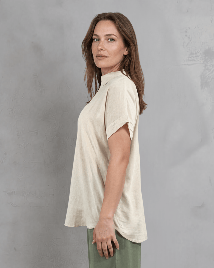 Effortlessly chic linen blend collared top in Natural. Relaxed oversized fit, V-neck, short sleeves. Made in USA. Perfect for summer &amp; resort wear.