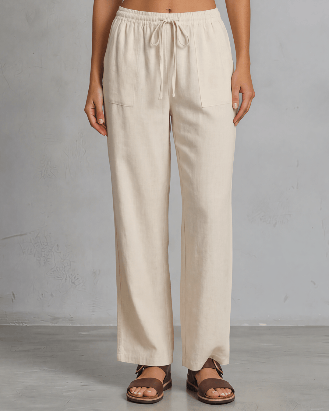 Annie wide leg pants in natural — adjustable drawstring waist, side pockets, rayon-linen blend. Relaxed fit, Made in USA. Perfect for resort &amp; vacation wear.