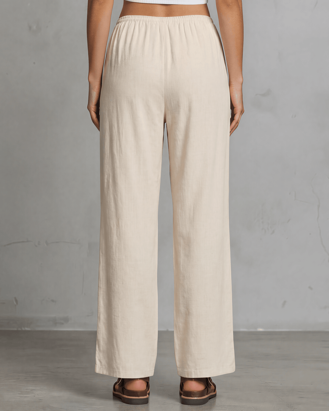 Annie wide leg pants in natural — adjustable drawstring waist, side pockets, rayon-linen blend. Relaxed fit, Made in USA. Perfect for resort &amp; vacation wear.