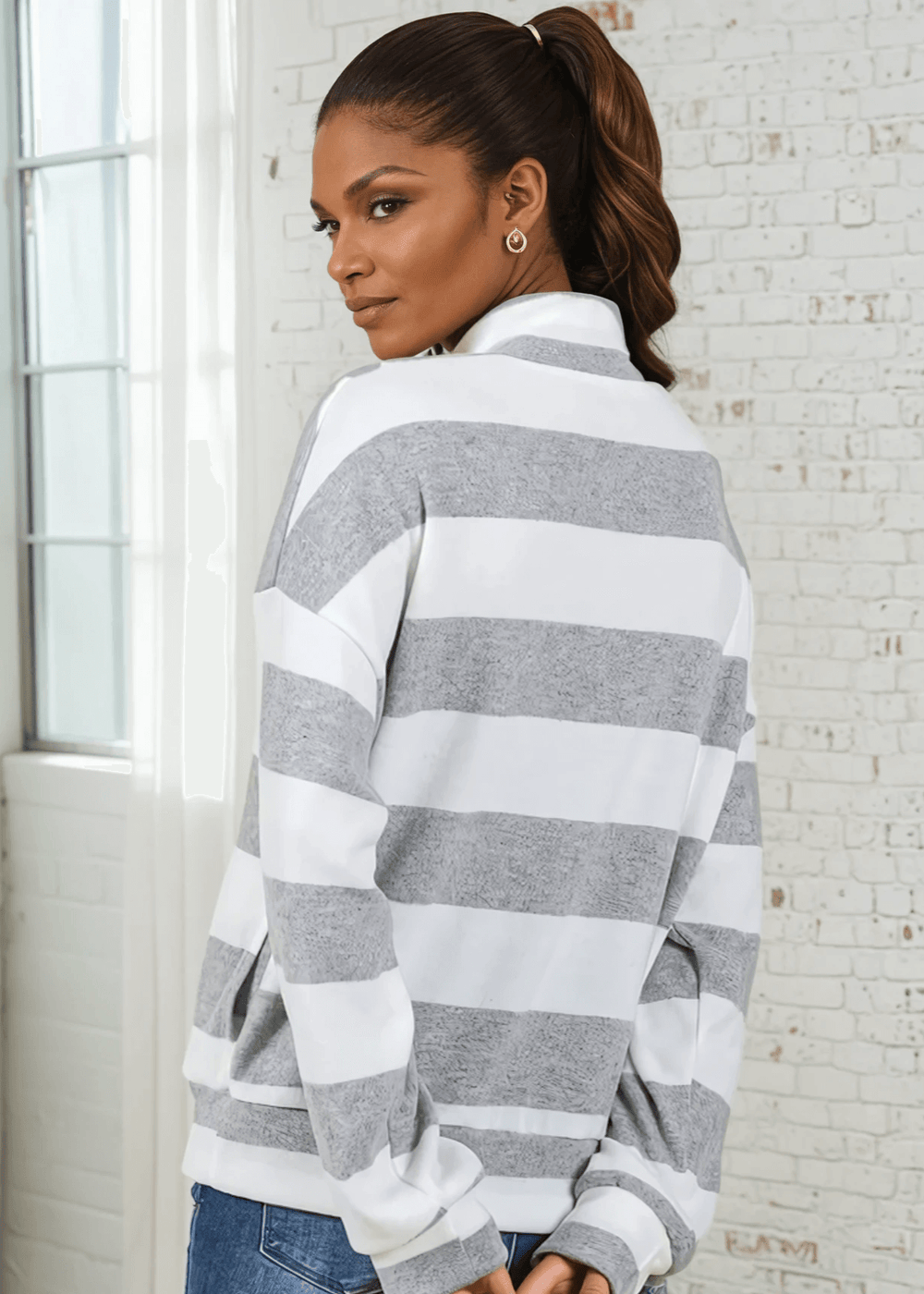 Made in USA Kathryn Women's Soft Textured Striped Cozy Pullover, Mock Neck with Zip Down Collar, Relaxed Fit in Grey and Off White Bold Stripes