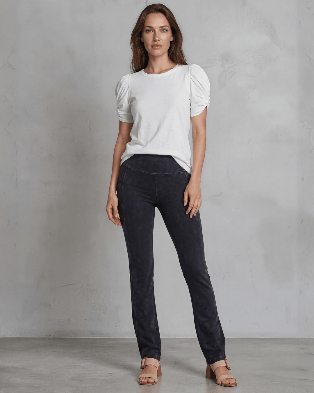 Milly Cotton Puff Sleeve Top with ruched knot detail. Soft cotton-spandex, crew neck, relaxed fit. Elevated everyday style. Made in USA.