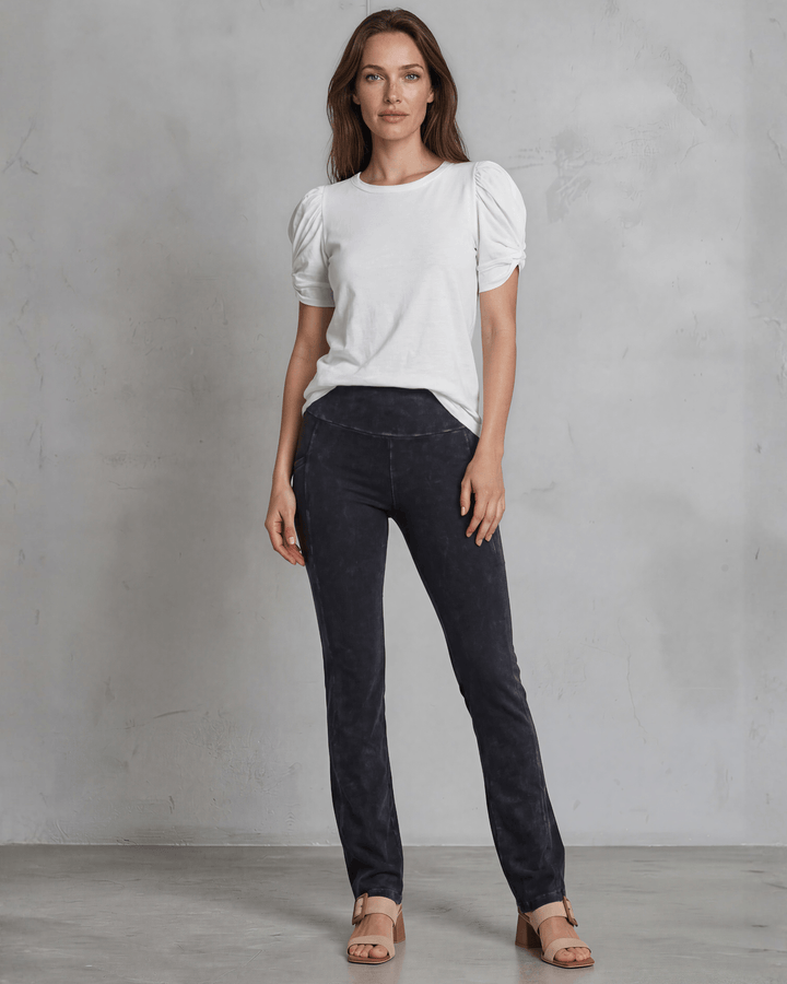 Milly Cotton Puff Sleeve Top with ruched knot detail. Soft cotton-spandex, crew neck, relaxed fit. Elevated everyday style. Made in USA.