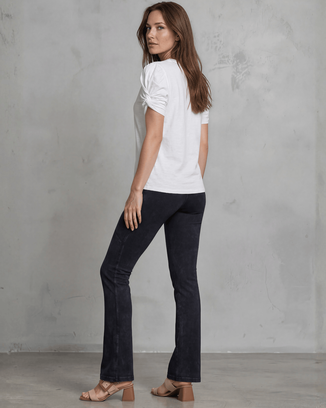 Milly Cotton Puff Sleeve Top with ruched knot detail. Soft cotton-spandex, crew neck, relaxed fit. Elevated everyday style. Made in USA.