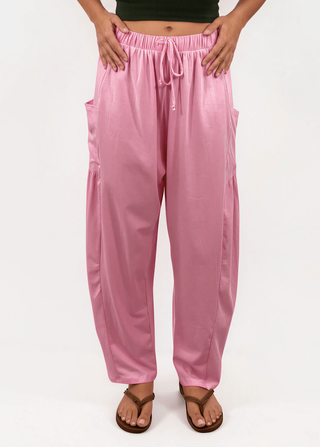 Shop the Bailey Baggy Drawstring Pants in Pink. Relaxed fit, deep pockets, soft cotton-spandex blend. Perfect for lounging and weekends. Made in USA.