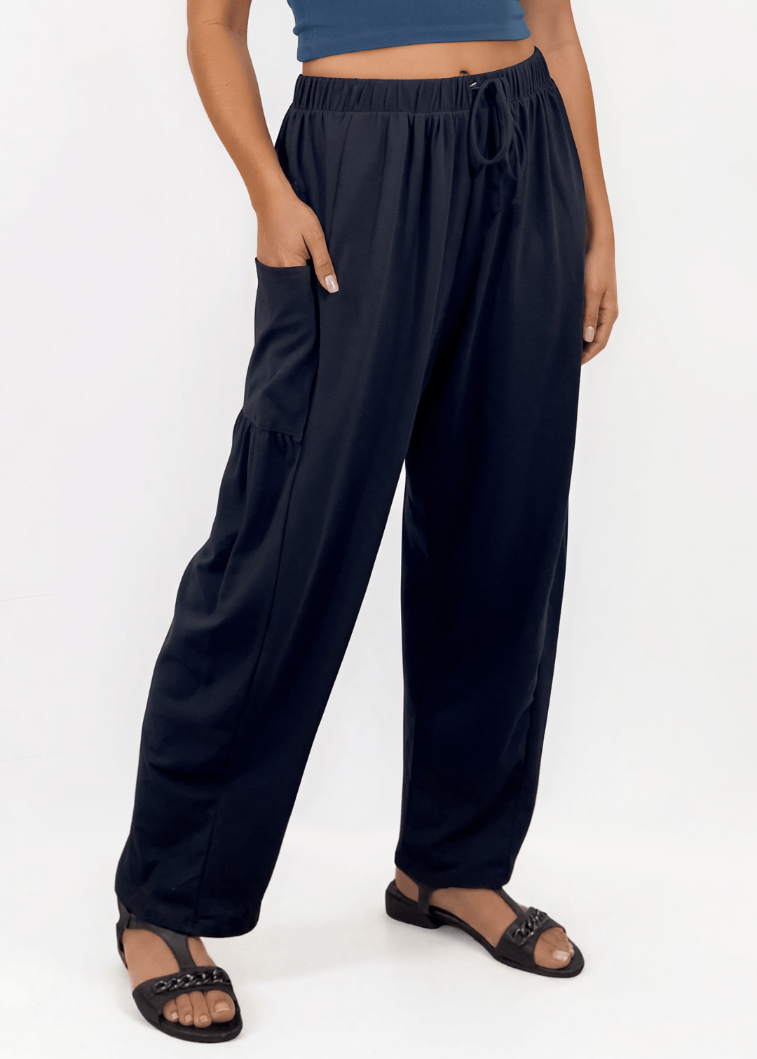Shop the Bailey Baggy Drawstring Pants in Black. Relaxed fit, deep pockets, soft cotton-spandex blend. Perfect for lounging and weekends. Made in USA.