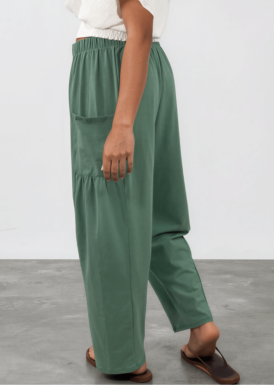 Shop the Bailey Baggy Drawstring Pants in Sage. Relaxed fit, deep pockets, soft cotton-spandex blend. Perfect for lounging and weekends. Made in USA.