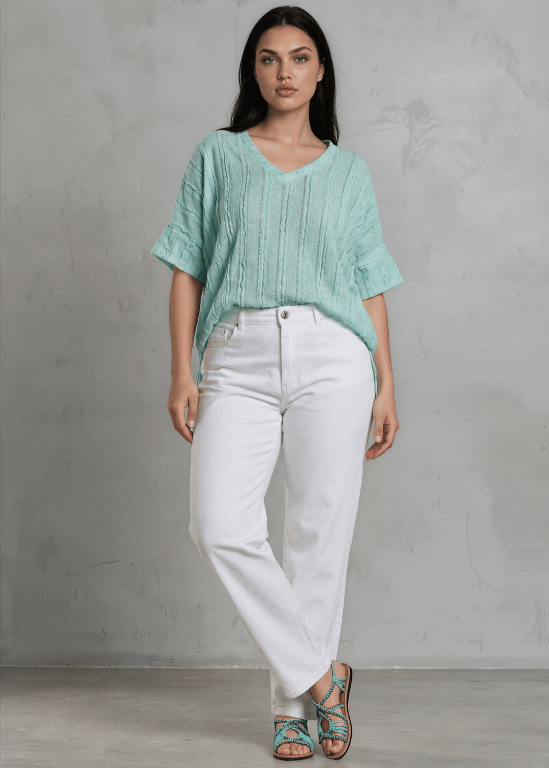 Shop the Plus Size Laurel Textured Top in Aqua Blue — a relaxed oversized v-neck with striped lace effect, contrast sleeve bands &amp; side slit. Made in USA.