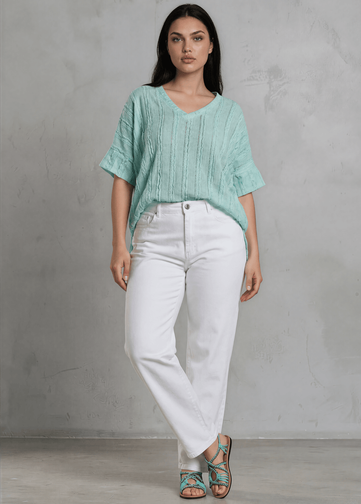 Shop the Plus Size Laurel Textured Top in Aqua Blue — a relaxed oversized v-neck with striped lace effect, contrast sleeve bands &amp; side slit. Made in USA.