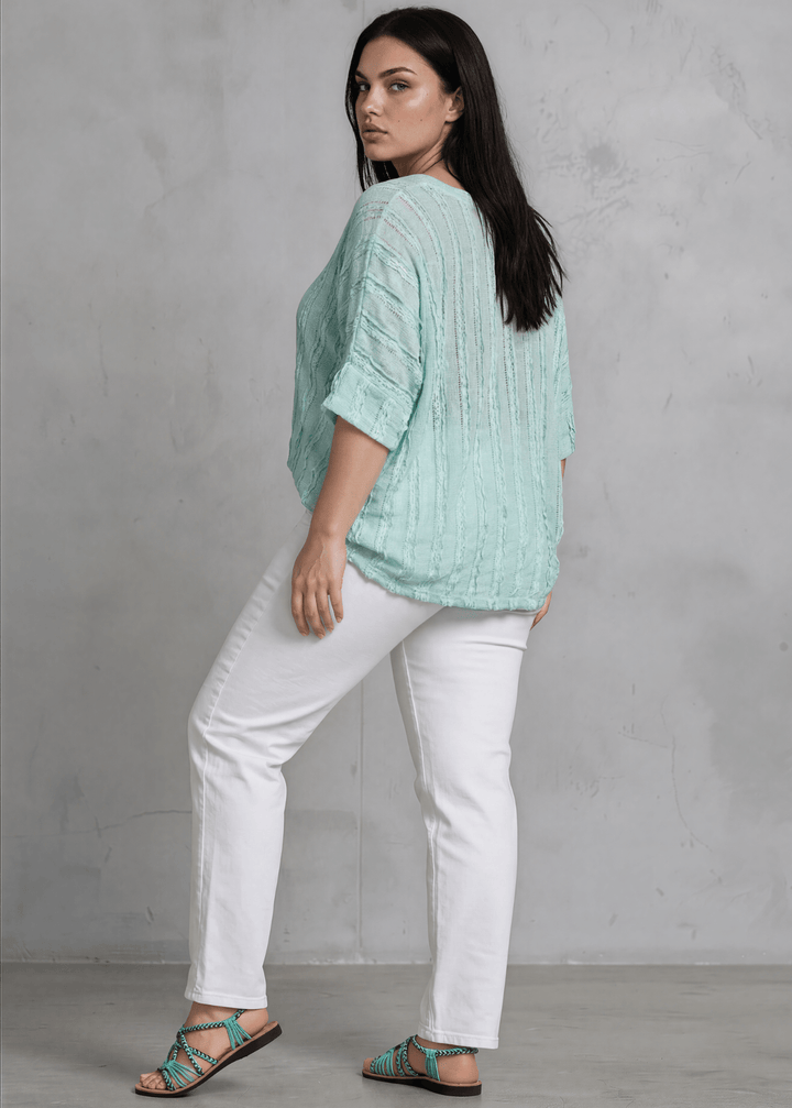 Shop the Plus Size Laurel Textured Top in Aqua Blue — a relaxed oversized v-neck with striped lace effect, contrast sleeve bands &amp; side slit. Made in USA.