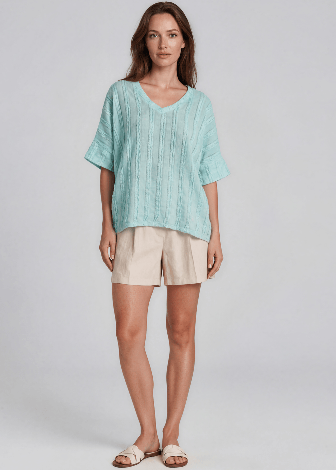 Shop the Laurel Textured Top in Aqua Blue — a relaxed oversized v-neck with striped lace effect, contrast sleeve bands &amp; side slit. Made in USA.
