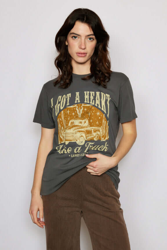  Lainey Wilson Heart Like a Truck Tee by People of Leisure — 100% organic cotton graphic tee in Grey. Made in LA. Sizes XS–XL