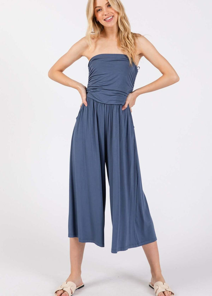 Effortlessly chic — the Modern Navy Tube Top Romper with ruched bodice, wide-leg capri pants &amp; side pockets. Soft rayon modal. Made in USA.