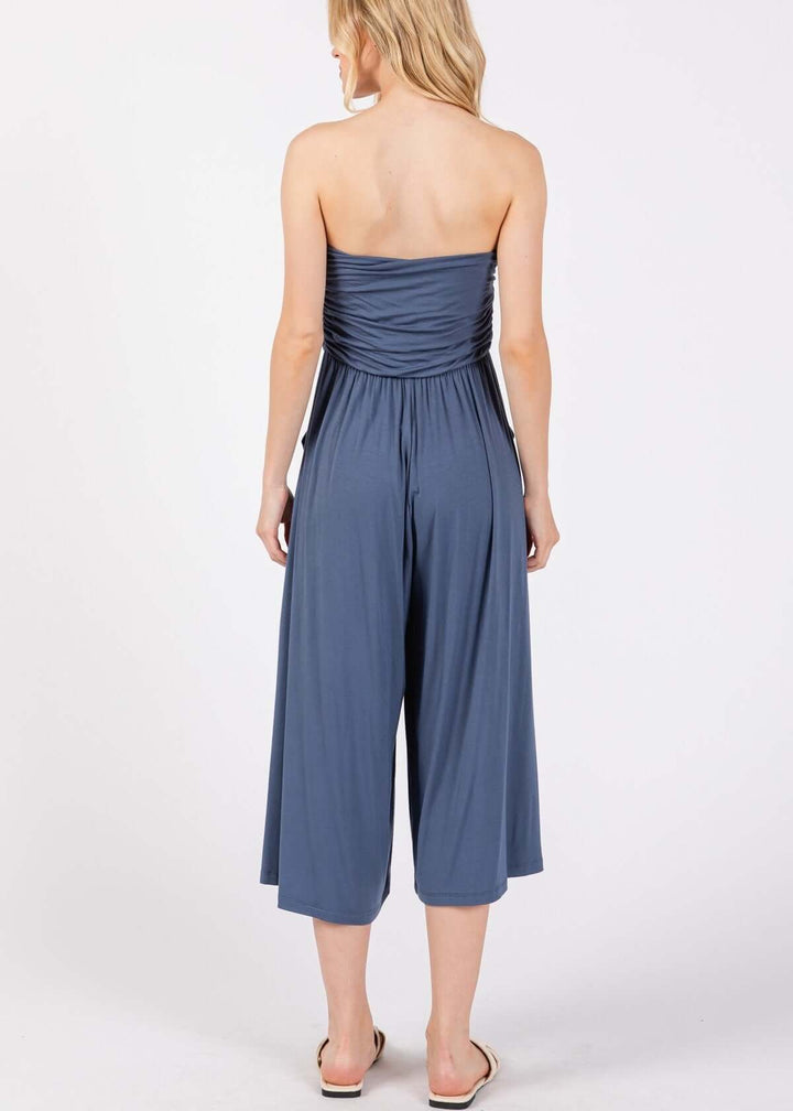 Effortlessly chic — the Modern Navy Tube Top Romper with ruched bodice, wide-leg capri pants &amp; side pockets. Soft rayon modal. Made in USA.