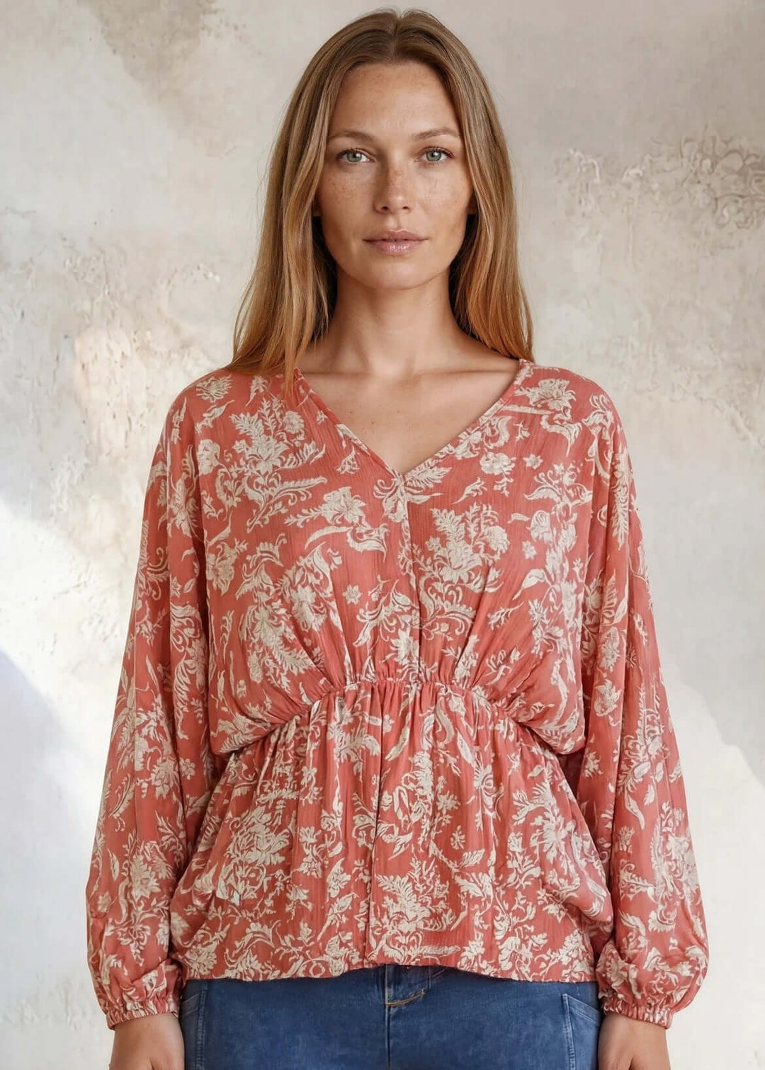 Rose Floral Print Peasant Blouse | V-Neck Long Sleeve | Made in USA, Soft & flowy rose floral peasant blouse with V-neck, long sleeves & elastic waist. 100% rayon, relaxed blousy fit. Made in USA. Sizes S-L.