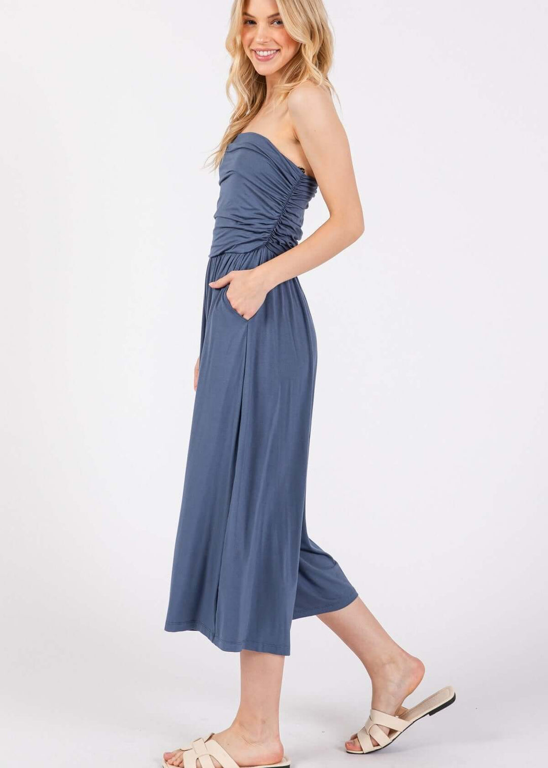 Effortlessly chic — the Modern Navy Tube Top Romper with ruched bodice, wide-leg capri pants &amp; side pockets. Soft rayon modal. Made in USA.