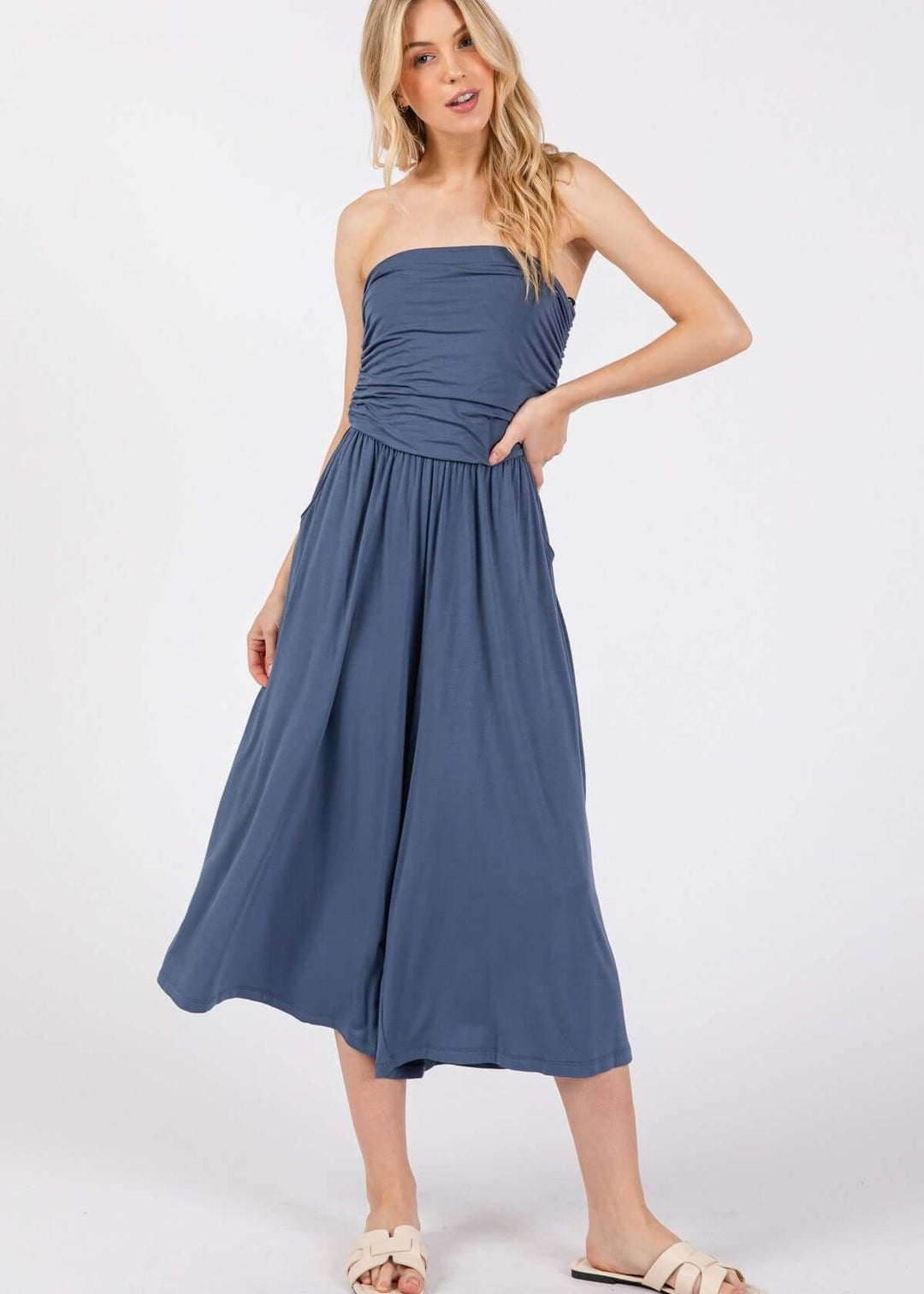 Effortlessly chic — the Modern Navy Tube Top Romper with ruched bodice, wide-leg capri pants &amp; side pockets. Soft rayon modal. Made in USA.