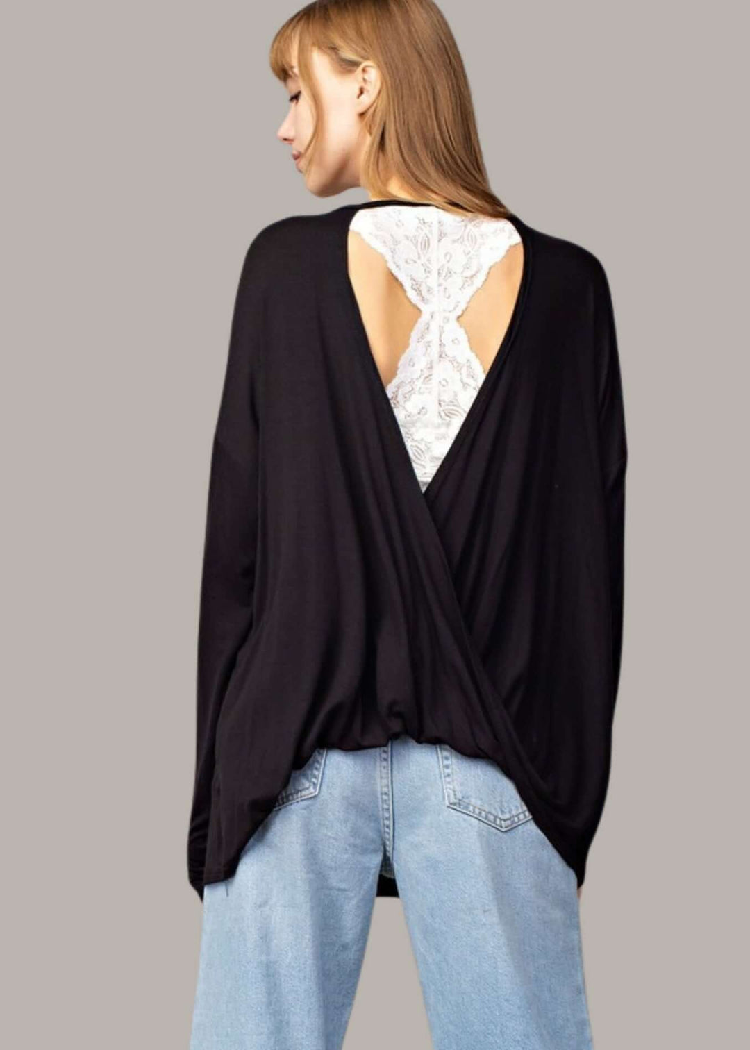 Made in USA Women's Natural Bamboo Oversized Long Sleeve Black Back Drop Top | Classy Cozy Cool Made in America Boutique