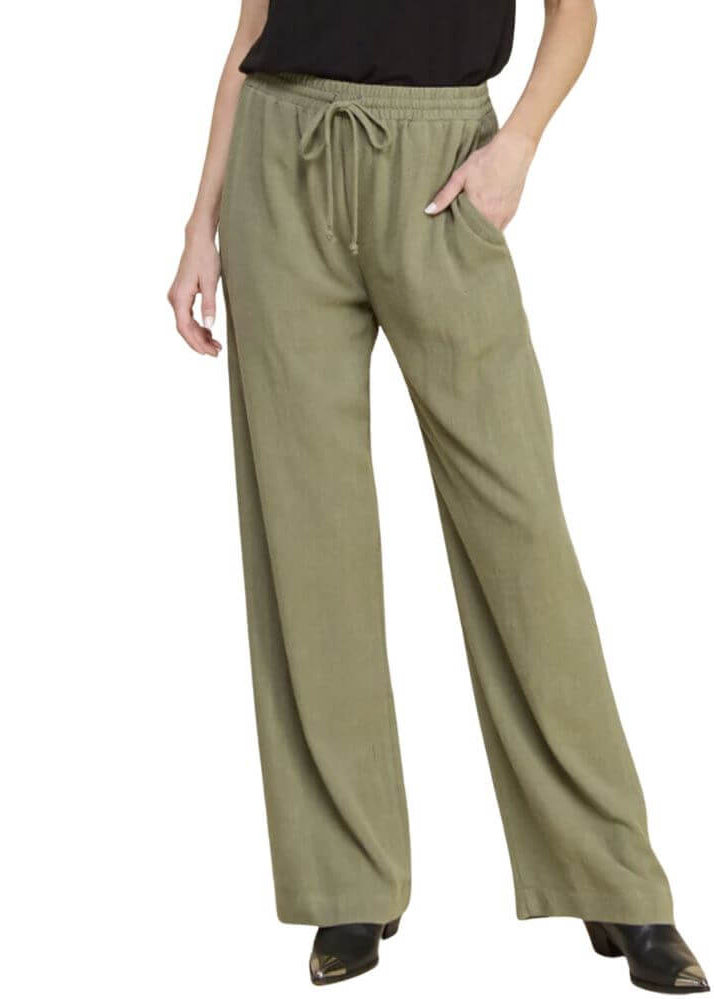 USA Made Linen Blend Bootcut Pants with Relaxed Fit with Drawstring &amp; Elastic Waist in Olive Green | Brand: If She Loves Style