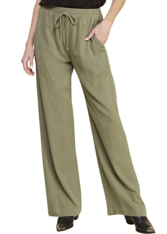 USA Made Linen Blend Bootcut Pants with Pockets - Relaxed Fit Drawstring &amp; Elastic Waist in Olive Green | Classy Cozy Cool Women&