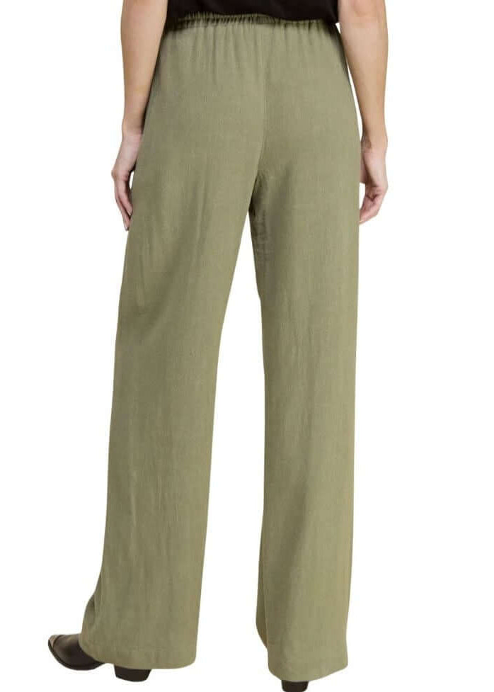 USA Made Linen Blend Bootcut Pants with Pockets - Relaxed Fit Drawstring &amp; Elastic Waist in Olive Green | Classy Cozy Cool Women&