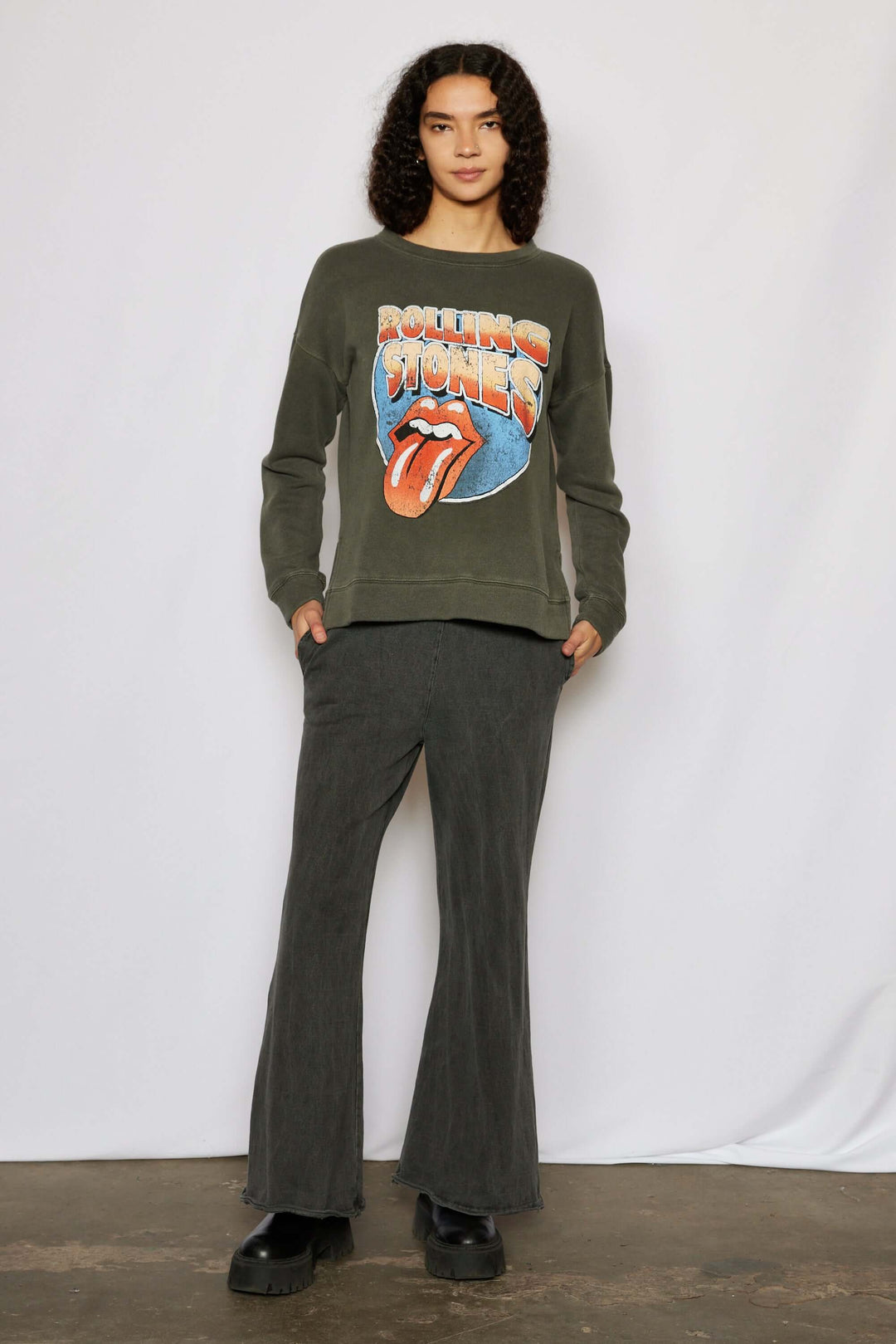 The Lainey Pant by People of Leisure — 100% organic cotton, mid-rise flare in Vintage Black &amp; Chocolate Brown. Made in LA. Sizes XS–XL.