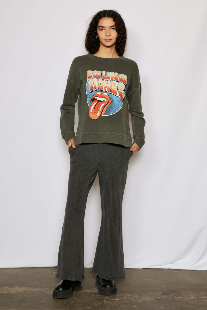 The Lainey Pant by People of Leisure — 100% organic cotton, mid-rise flare in Vintage Black &amp; Chocolate Brown. Made in LA. Sizes XS–XL.