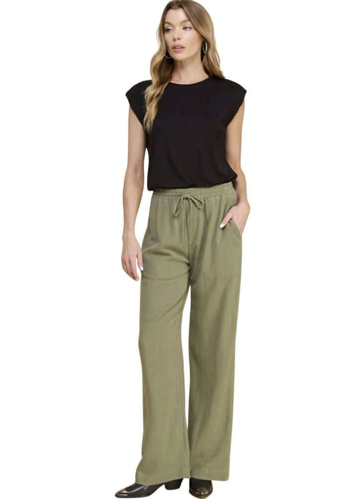 USA Made Linen Blend Bootcut Pants with Pockets - Relaxed Fit Drawstring &amp; Elastic Waist in Olive Green | Classy Cozy Cool Women&