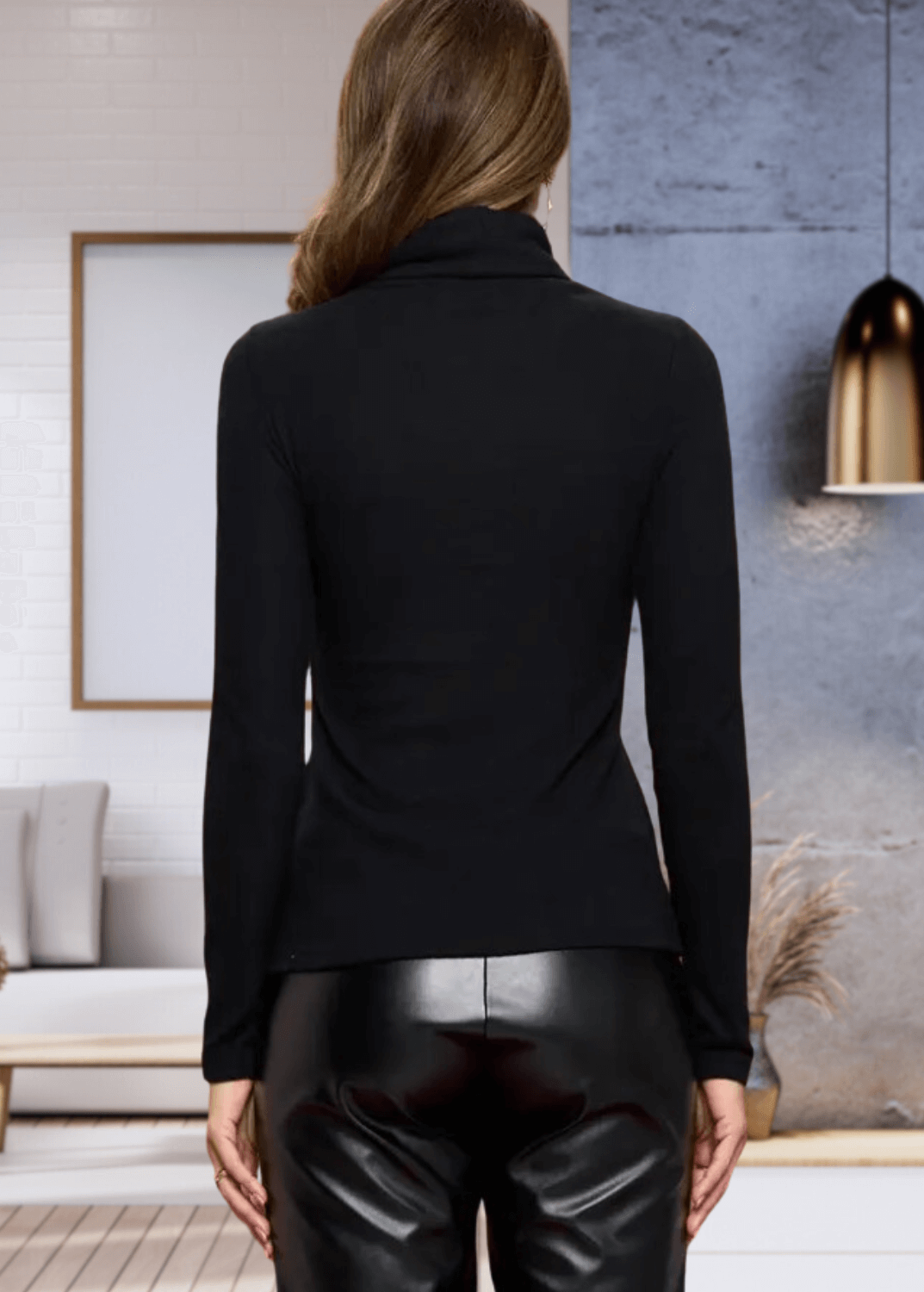 Made in USA, The Kate Classic Solid Knit Fitted Turtle Neck in Black offers a luxurious cashmere-like softness, crafted from a high-quality blend of 97% rayon and 3% spandex for comfortable stretch and fit. | Renee C Style