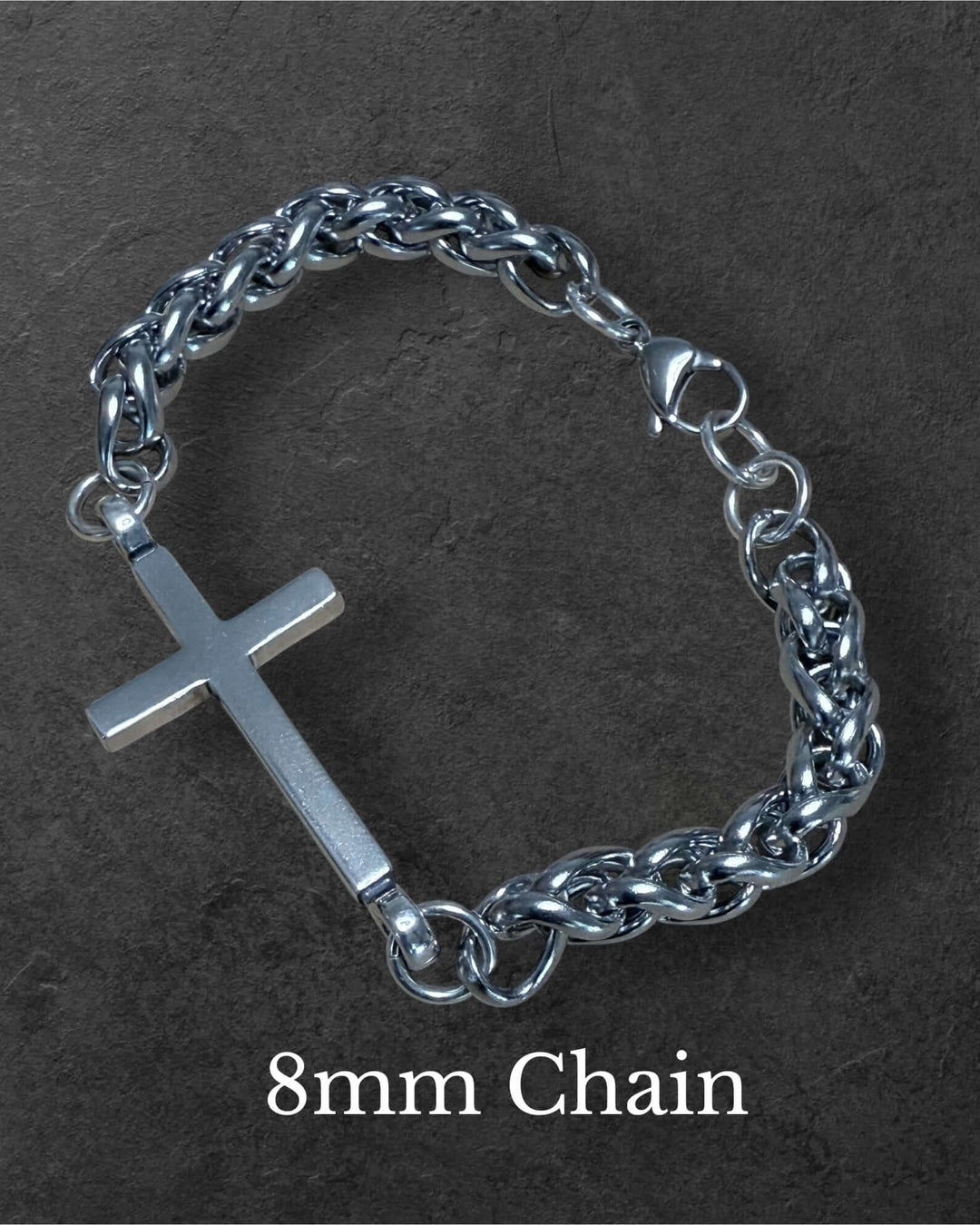 Handcrafted solid sterling silver cross bracelet on a 4mm or 8mm stainless steel wheat chain. Unisex. Made in USA with a lifetime warranty