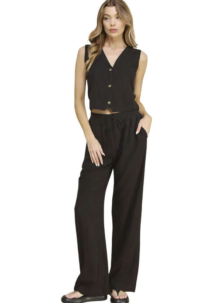Black USA Made Linen Blend Bootcut Pants with Pockets - Relaxed Fit Drawstring &amp; Elastic Waist Side | Classy Cozy Cool Women&