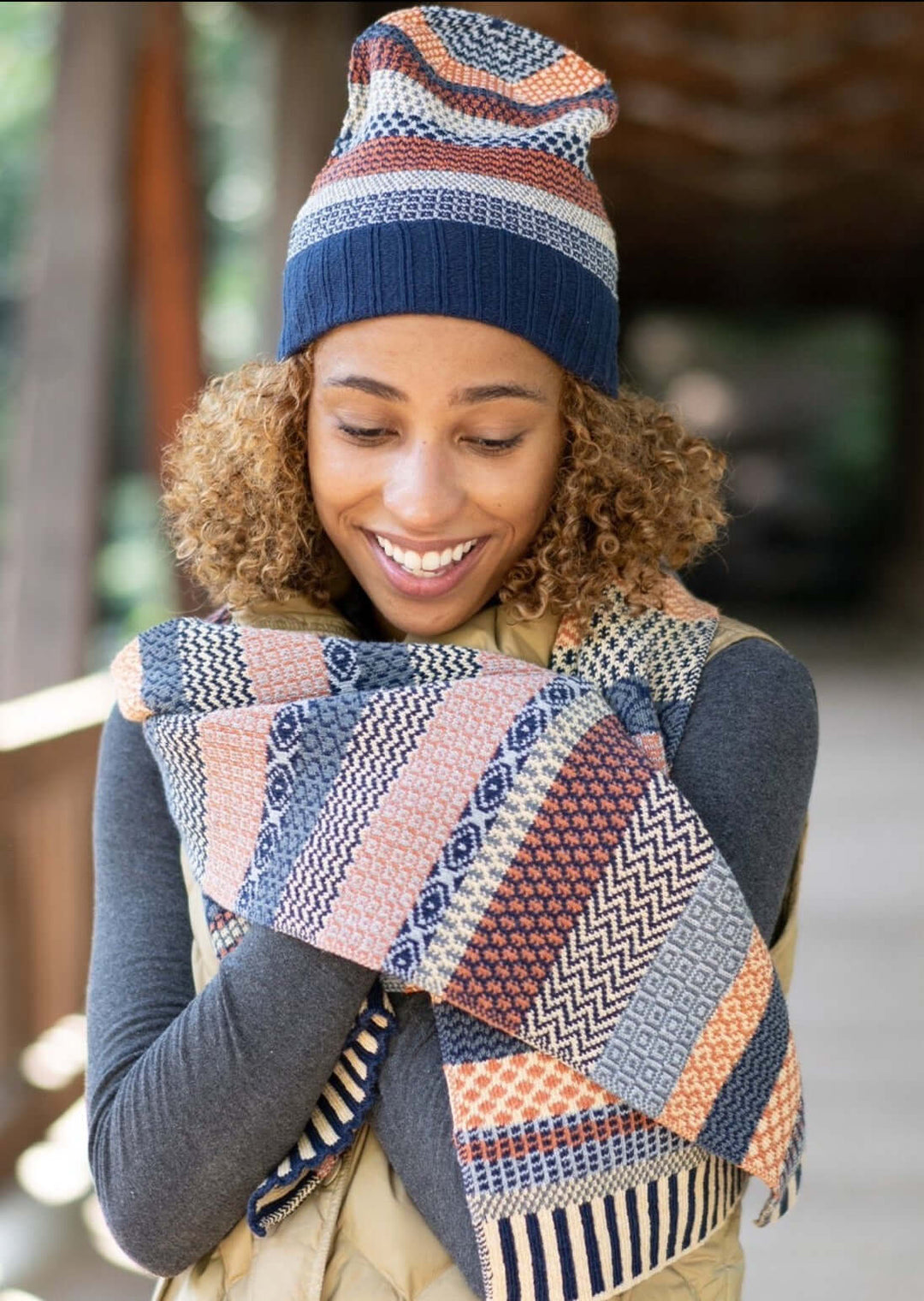 Solmate NUTMEG Knitted Beanie Hat with Colors creamy yellow, rustic orange, navy, blue-gray, periwinkle | Made in USA | Classy Cozy Cool Women&