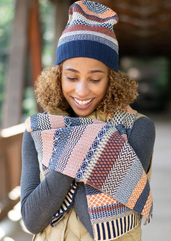 Solmate NUTMEG  Knitted Scarf with Colors creamy yellow, rustic orange, navy, blue-gray, periwinkle | Made in USA | Classy Cozy Cool Women&