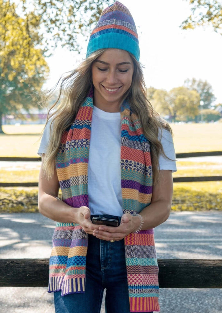 Solmate SUNNY Knitted Scarf with Colors in this Scarf Turquoise, Orange, Yellow, Purple and Blue | Made in USA | Classy Cozy Cool Women&