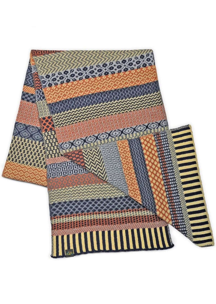 Solmate NUTMEG  Knitted Scarf with Colors creamy yellow, rustic orange, navy, blue-gray, periwinkle | Made in USA | Classy Cozy Cool Women&