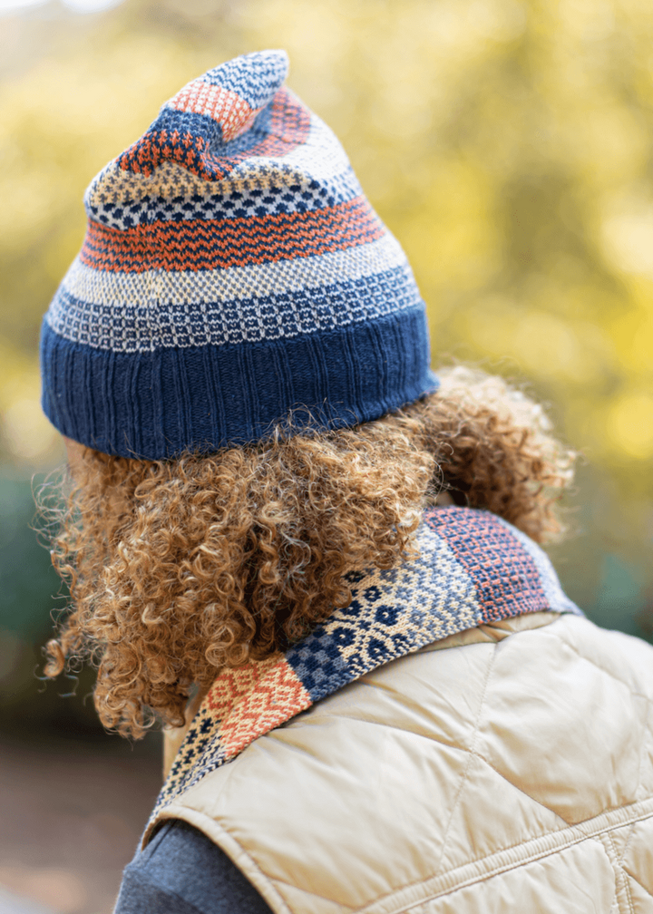 Solmate NUTMEG Knitted Beanie Hat with Colors creamy yellow, rustic orange, navy, blue-gray, periwinkle | Made in USA | Classy Cozy Cool Women&