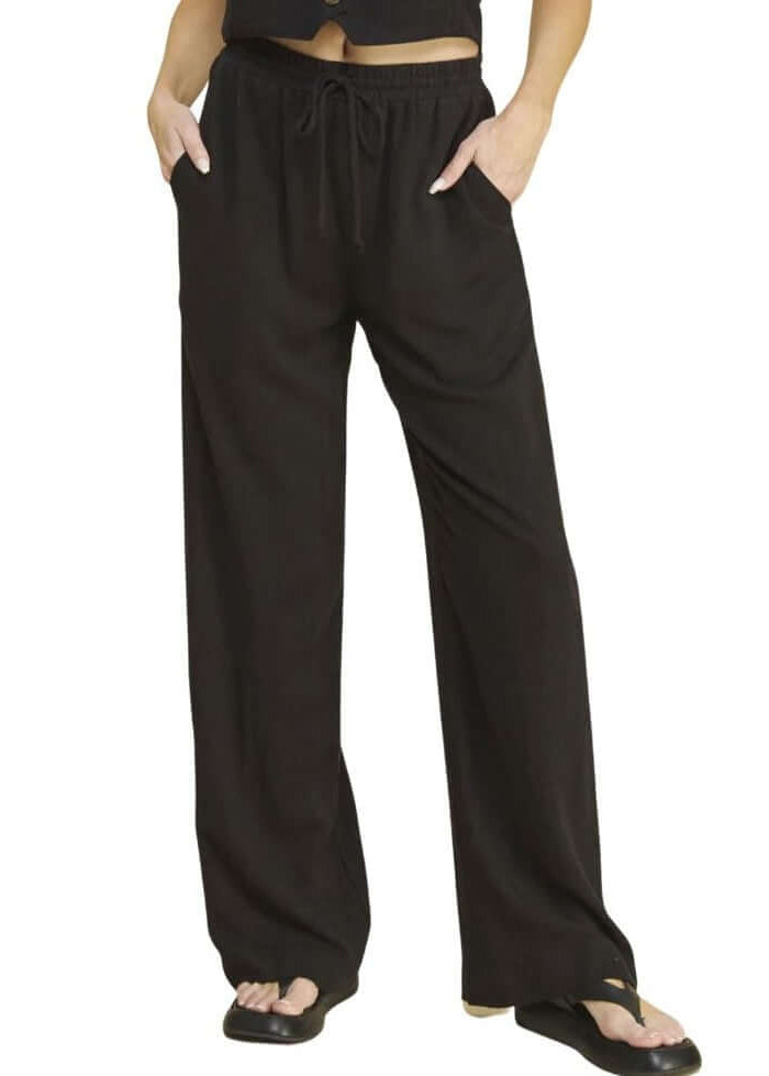 Black USA Made Linen Blend Bootcut Pants with Pockets - Relaxed Fit Drawstring &amp; Elastic Waist Side | Classy Cozy Cool Women&
