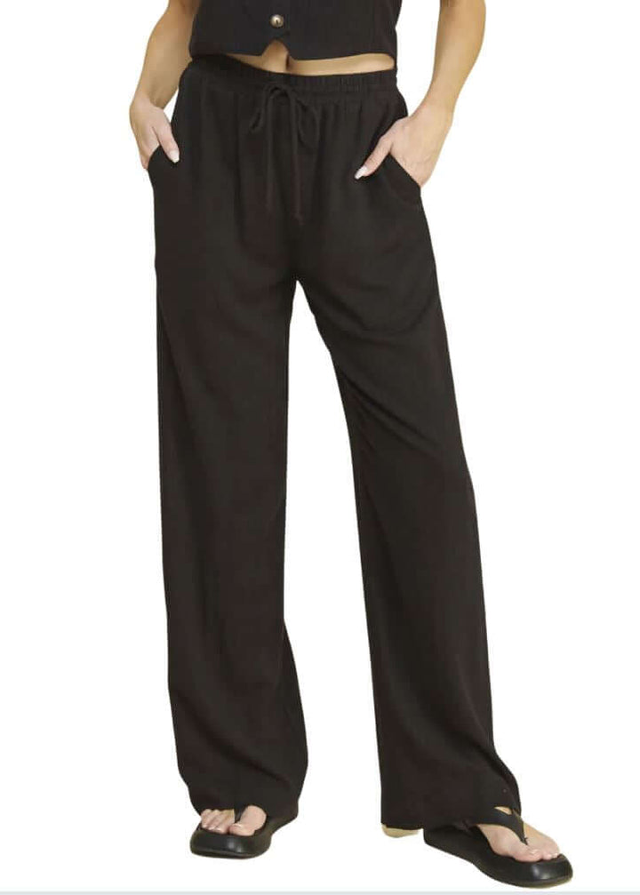 Black USA Made Linen Blend Bootcut Pants with Pockets - Relaxed Fit Drawstring &amp; Elastic Waist Side | Classy Cozy Cool Women&