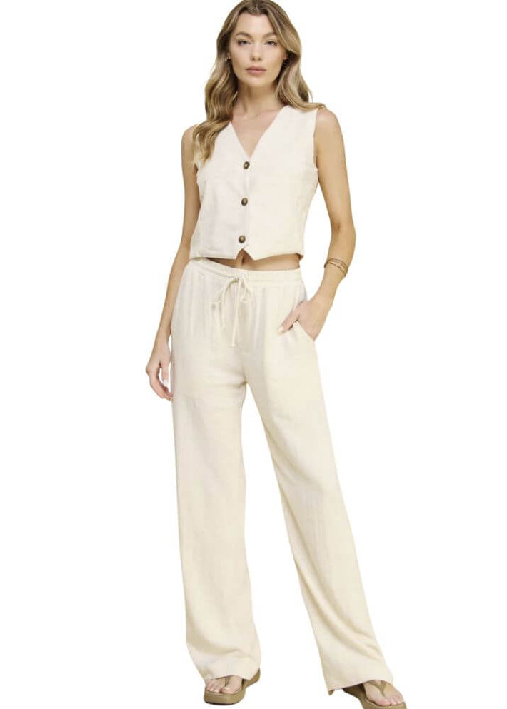USA Made Linen Blend Bootcut Pants with Pockets - Relaxed Fit Drawstring &amp; Elastic Waist Side | Classy Cozy Cool Women&