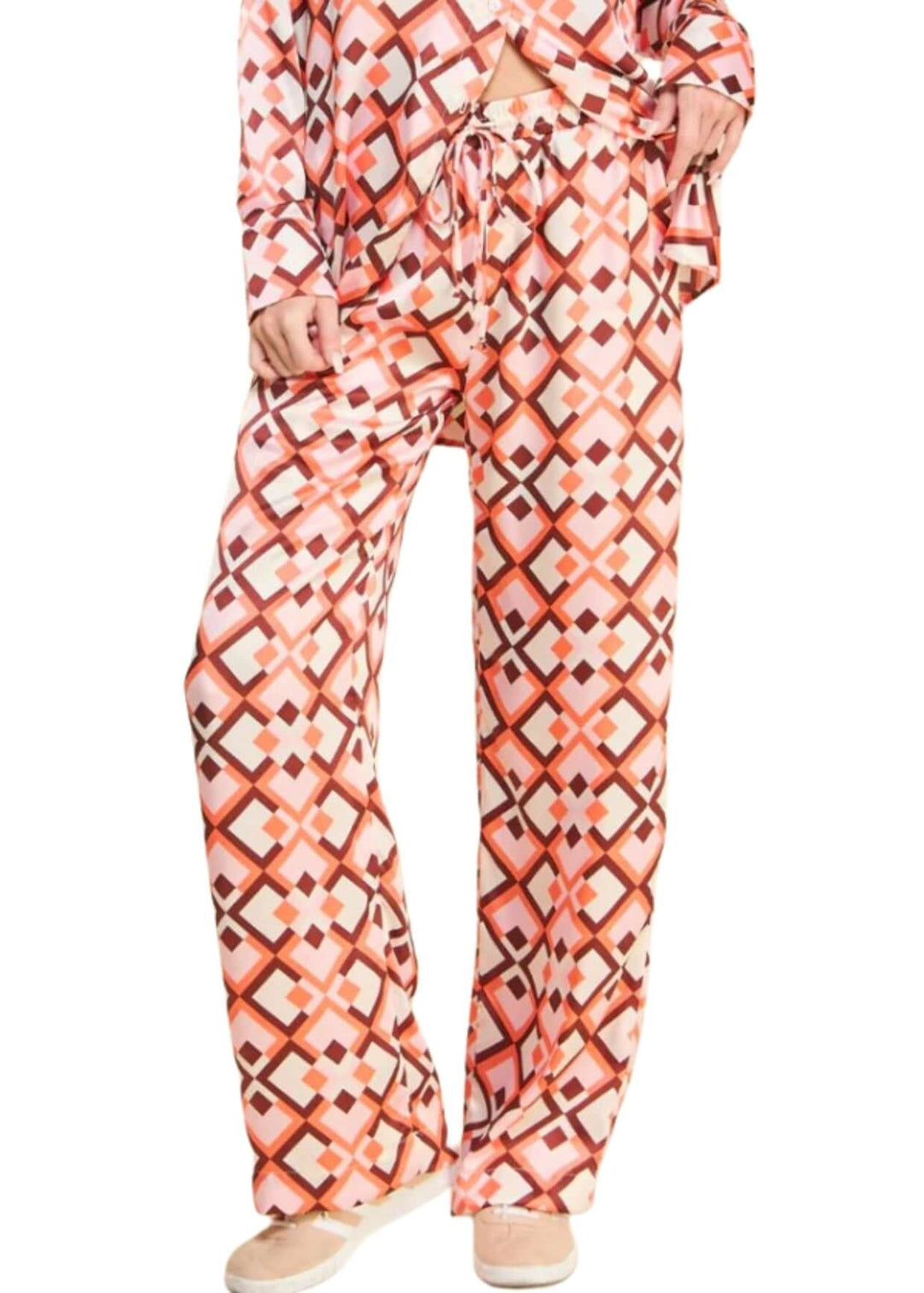 USA Made Ladies Pink Retro Pattern Satin Pants by If She Loves Style 