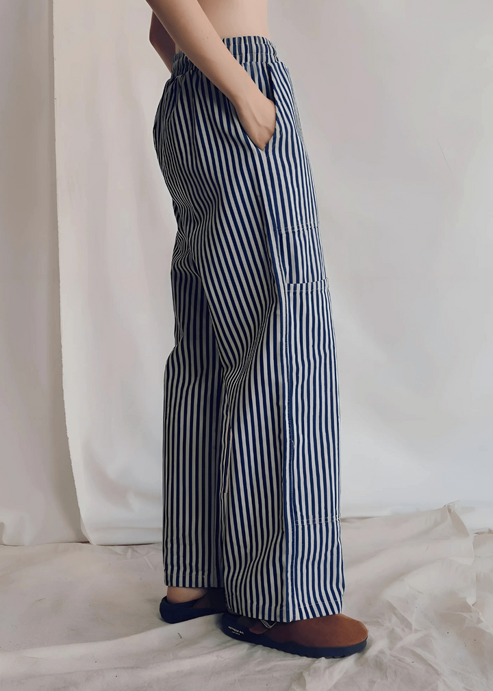 The Charlie Pant by People of Leisure — 100% cotton denim wide leg in Striped. Sustainably made in the USA. Sizes XS–XL