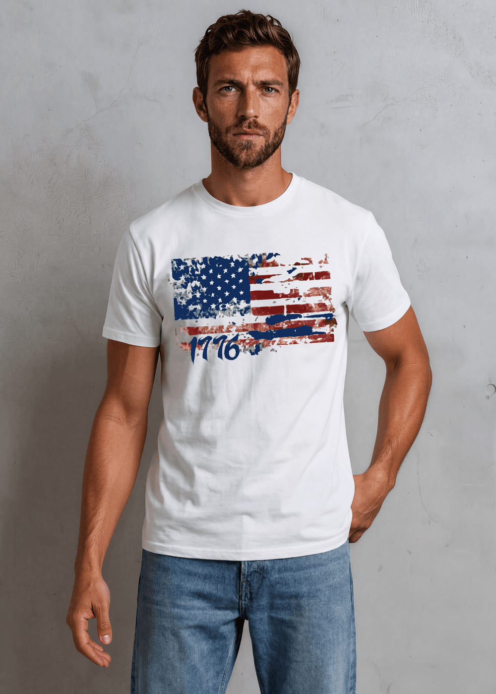 Men's 1776 Distressed American Flag Tee — Made in USA with USA-grown cotton. Bold vintage flag graphic on white, 100% pre-shrunk cotton. Sizes S–3XL.