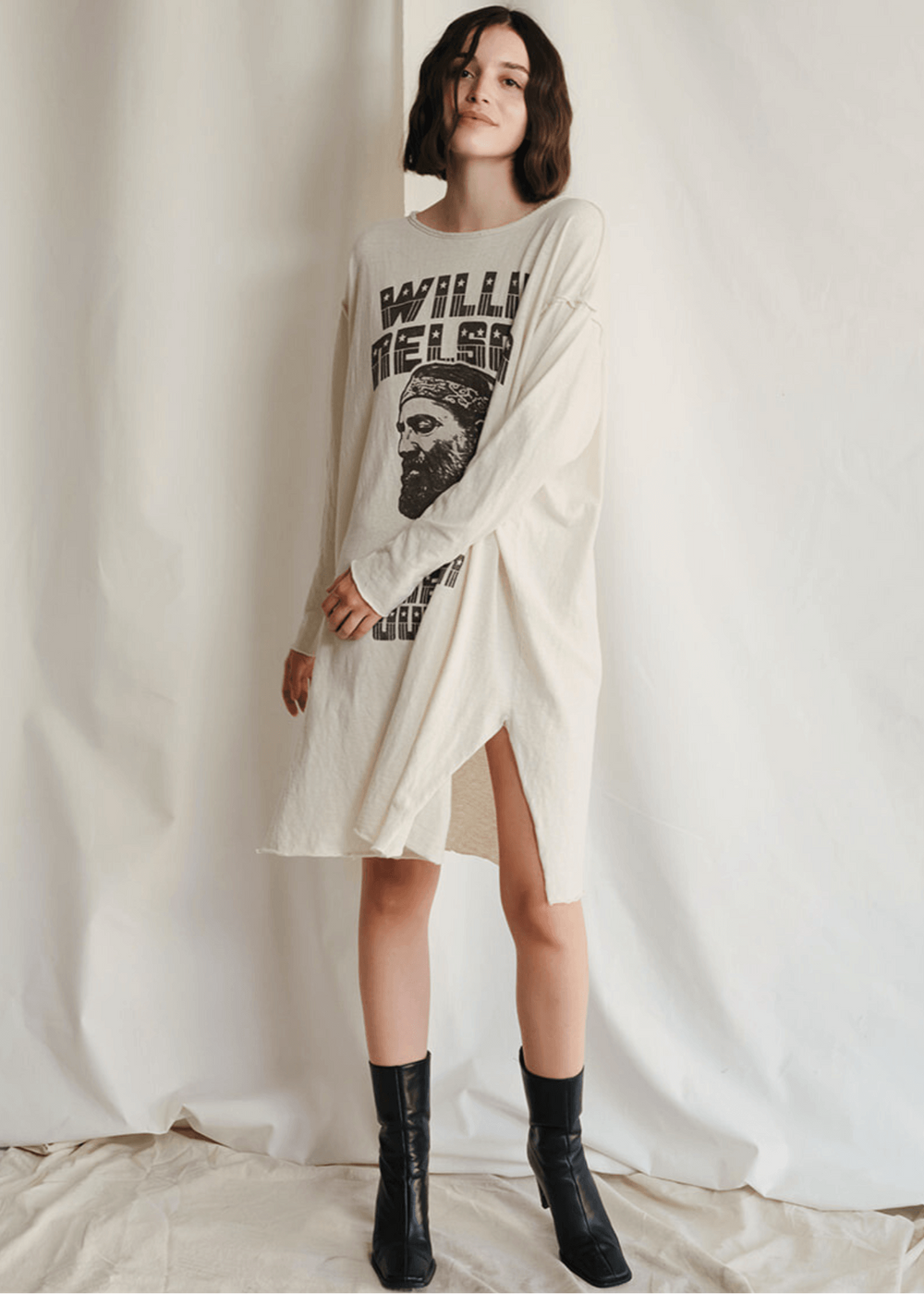  Willie Nelson Dress by People of Leisure — 50% recycled cotton, raw edges, side slits in Ecru. Made in Huntington Park, CA. Sizes XS–XL