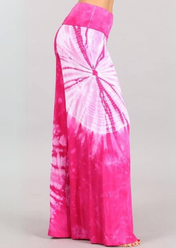 USA Made Fuchsia &amp; White Casual Tie Dye Palazzo Pants Soft &amp; comfortable design with a wide fold over waistband | Classy Cozy Cool Women&