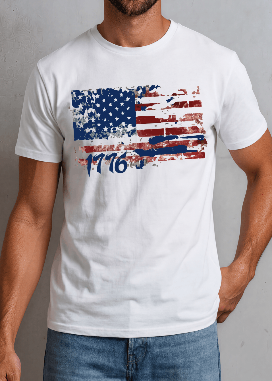 Men's 1776 Distressed American Flag Tee — Made in USA with USA-grown cotton. Bold vintage flag graphic on white, 100% pre-shrunk cotton. Sizes S–3XL.