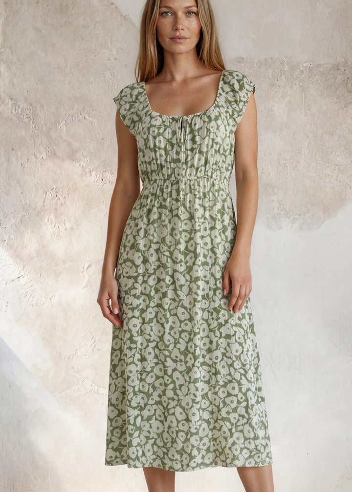 Breezy rayon-linen blend, smocked waist &amp; sage green florals — your new vacation dress. USA-made, sizes S–XL