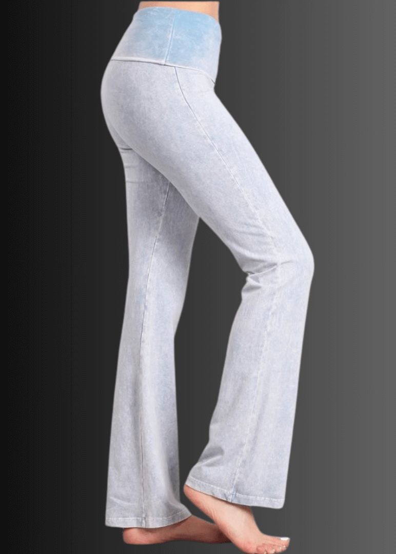 Made in USA Women's Cotton Bootcut Jeggings with Fold Over Waist in Mineral Washed Light Powder Blue  | Style C30136 | Classy Cozy Cool Made in America Boutique
