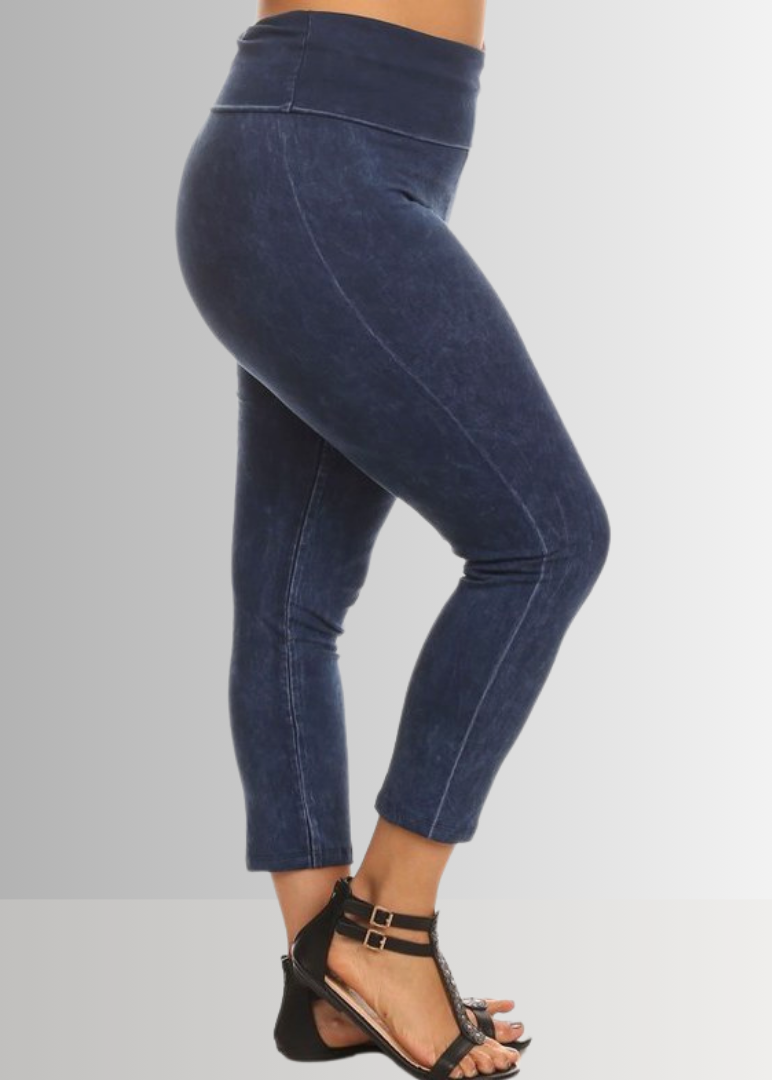 American Made Plus Size Ladies Dark Denim Mineral Washed Pull On Capri Leggings with Tummy Control Fold Over Waist |  Style C30249 | Classy Cozy Cool Women's American Boutique